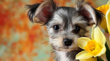 Tiny dog with oversized ears beside a flower, crossbreed of Chihuahua and Yorkshire Terrier, facing right with room for caption