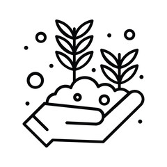 A hand holds a mound of soil with two plants emerging Small circles surround the hand