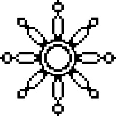 Fototapeta premium Black and white pixelated geometric sun with eight symmetrical rays and circular center, digital retro abstract design