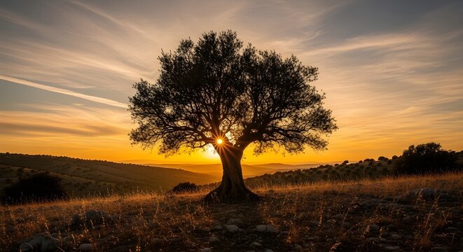 Solitary ancient olive tree silhouetted against a vibrant golden sunset with dramatic clouds and rolling hills