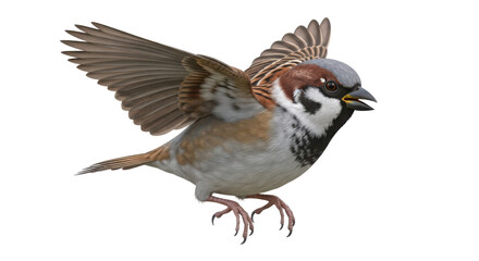 A detailed close up of a male house sparrow bird in flight with wings spread wide captured in motion isolated on transparent background