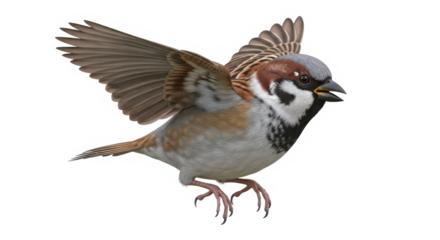 A detailed close up of a male house sparrow bird in flight with wings spread wide captured in motion isolated on transparent background