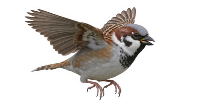 A detailed close up of a male house sparrow bird in flight with wings spread wide captured in motion isolated on transparent background