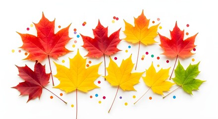 Fototapeta premium Vibrant autumn maple leaves in red yellow and green scattered with colorful confetti on a white background