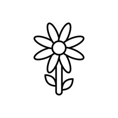 A line drawing of a simple flower with rounded petals and a smooth stem with leaves