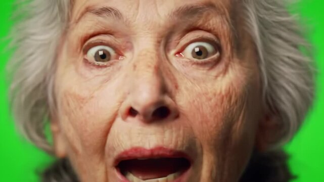 Elderly Woman Expresses Surprise Shock and Happiness on Green Screen.