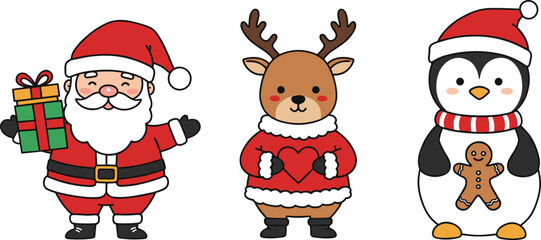 Santa Claus, reindeer, penguin, Christmas characters, l, red, white, cute, seasonal, joyful, December, greeting, decoration, children, fun