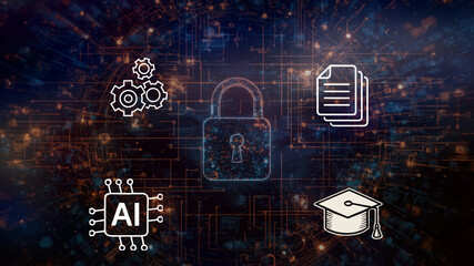 Cybersecurity and AI technology concept. Digital padlock with icons for innovation, compliance, and data analysis on a futuristic network background.