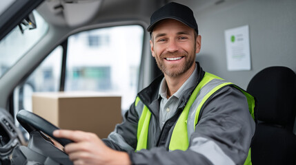 Delivery van interior with a smiling professional driver in focus, hands on the wheel, ready for a day of successful parcel deliveries