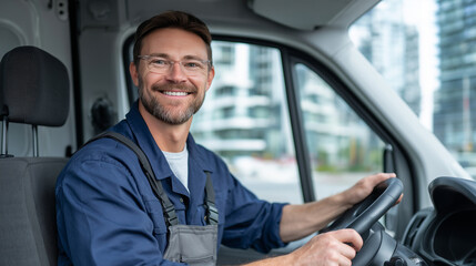 Confident delivery driver posing inside a commercial van, hands steady on the steering wheel, city buildings visible through the windows