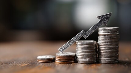 Up Arrow symbol with coins stack. Concepts of the banking system, rising interest rates, inflation, deflation, and savings.