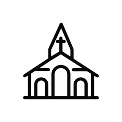 A simple black outline drawing of a church featuring a cross