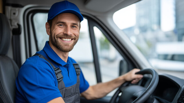 Delivery van interior with a smiling professional driver in focus, hands on the wheel, ready for a day of successful parcel deliveries
