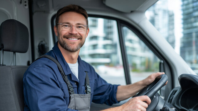 Confident delivery driver posing inside a commercial van, hands steady on the steering wheel, city buildings visible through the windows
