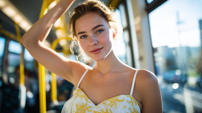 Elegant young woman standing gracefully in a bright modern tram, holding a yellow handle above her head, sunlight streaming through large panoramic windows