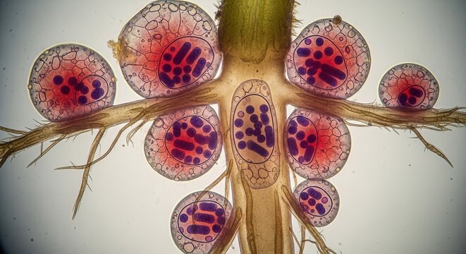 Soybean root nodules colonized by Rhizobium bacteria
