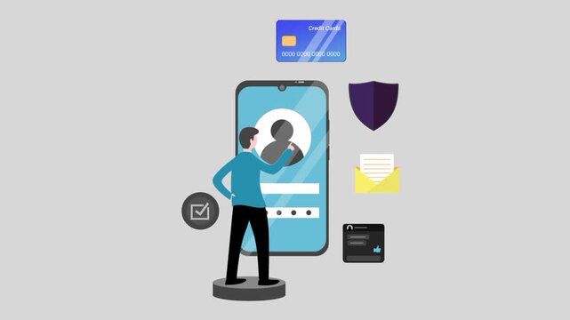 Smartphone digital security user authentication cartoon animation