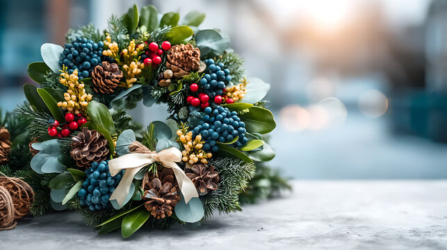 Christmas decorations wreath urban interior festive content cozy environment close-up viewpoint holiday concept