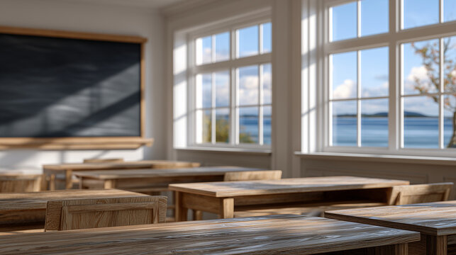 Serene empty classroom with neatly arranged wooden desks facing a classic blackboard, soft morning sunlight streaming through tall windows casting gentle shadows