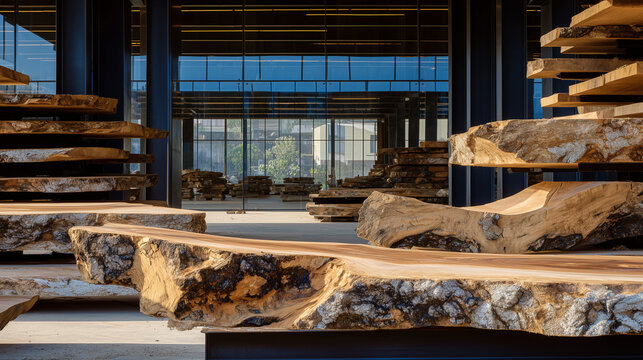 Interior of a woodworking warehouse with wooden slabs stacked horizontally on galvanized steel frames, creating a balance of natural and industrial aesthetics - Powered by Adobe