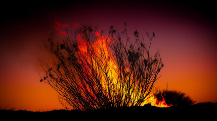 Desert bush engulfed in flames against a twilight sky. ESG reports, sustainability campaigns, designed for sustainability communications and ESG reporting.
