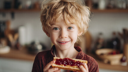 A happy young boy with blonde curly hair smiles while holding a peanut butter and jelly sandwich. The boy is in a kitchen, wearing a red shirt, and enjoying his snack time.