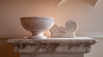 A classical kylix cup and an open scroll on a weathered marble pedestal. event programs, museum guides, designed for cultural heritage projects and event programs, supports education.