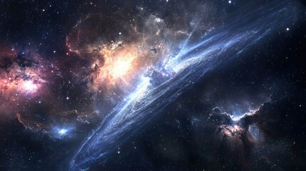 A vast, colorful nebula with a blue and orange spiral structure, surrounded by stars and gas clouds in a dark, starry sky.