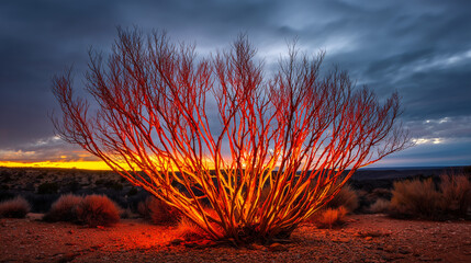 Desert bush engulfed in flames against a twilight sky. ESG reports, sustainability campaigns, designed for sustainability communications and ESG reporting.