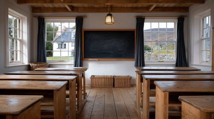 Classic classroom interior emphasizing craftsmanship of wooden furniture, simple decor, and a timeless blackboard, representing tradition and learning
