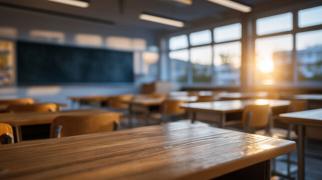 Empty quiet classroom at sunrise, wooden desks reflecting soft light, blackboard centered as a symbol of curiosity and the start of a new school day
