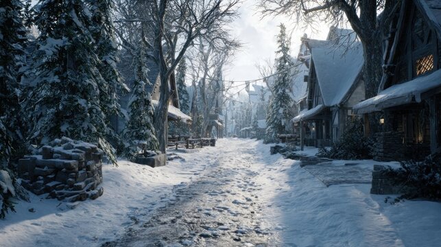 A snowy path through a winter village,