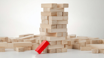 Partially collapsed tower of wooden blocks with a single red block apart. real-estate listings, architecture portfolios, designed for interior renovation comparisons for interiors.