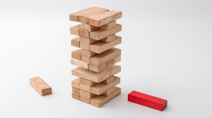 Partially collapsed tower of wooden blocks with a single red block apart. real-estate listings, architecture portfolios, designed for interior renovation comparisons for interiors.