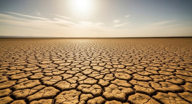 Drought-stricken desert landscape with cracked earth and sun shining through the clouds. - Powered by Adobe
