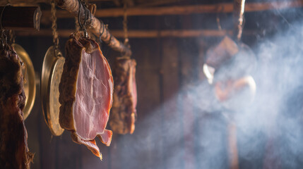 Cured pork hanging from beams in a traditional farmhouse kitchen. menu design, packaging mockups, designed for culinary blogs and recipe cards for restaurants, used by hr managers.