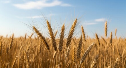 Fototapeta premium A golden wheat field under a clear blue sky with a few scattered clouds.