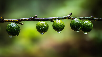 Vibrant green sudachi limes hanging from a rain-moistened branch with water droplets. menu design, packaging mockups, designed for culinary blogs and recipe cards for restaurants. 