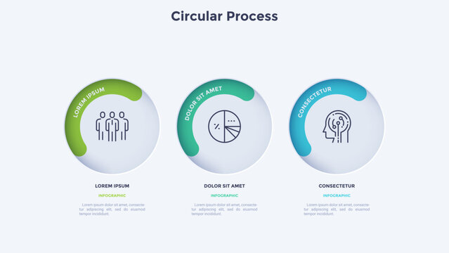 Circular process diagram color minimalist design with 3 steps sequence. Business communication and development presentation with frames. Three connected round shapes for data infographic