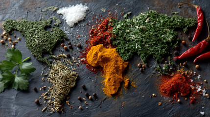Culinary art concept showing continents outlined with vibrant red chili, green herbs, and golden spice powders, elegant contrast on grey background