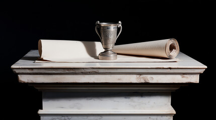 A classical kylix cup and an open scroll on a weathered marble pedestal. event programs, museum guides, designed for cultural heritage projects and event programs, supports education.