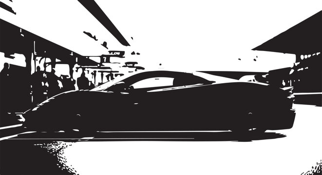 Monochromatic Silhouette of a Modern Sports Car with Spectators