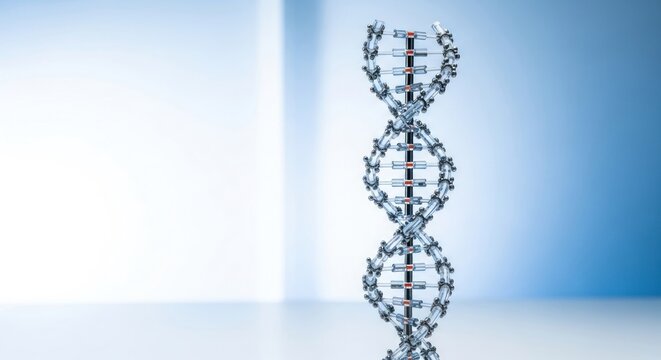 A DNA molecule model on a blue background.