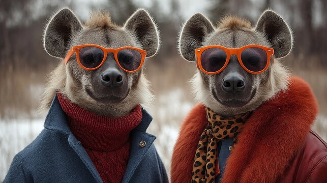 Two hyenas, donned in stylish outfits and vibrant sunglasses, pose against a wintery landscape, merging wildlife charm with human fashion flair. Whimsical nature portrait.