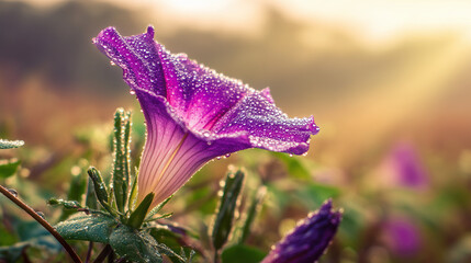 Morning glory flower with dew droplets on delicate petals in soft morning light. gardening catalogs, home-decor guides, designed for home decor and floral branding, celebrates nature.