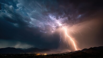 Dramatic lightning storm over mountain landscape with dark clouds and city lights