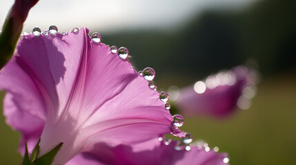 Morning glory flower with dew droplets on delicate petals in soft morning light. gardening catalogs, home-decor guides, designed for home decor and floral branding, celebrates nature.