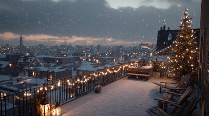 A snowy rooftop with a Christmas light display,