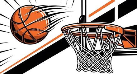 Stylized illustration of a basketball in motion, dramatically approaching a basketball hoop and net, with dynamic lines and a bold graphic style, conveying speed and the moment of scoring