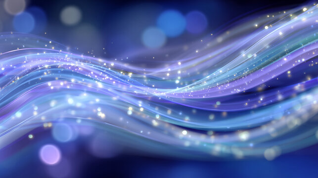 Abstract composition of glowing ribbon-like energy waves and floating sparkles in electric blue and violet tones on a sleek background